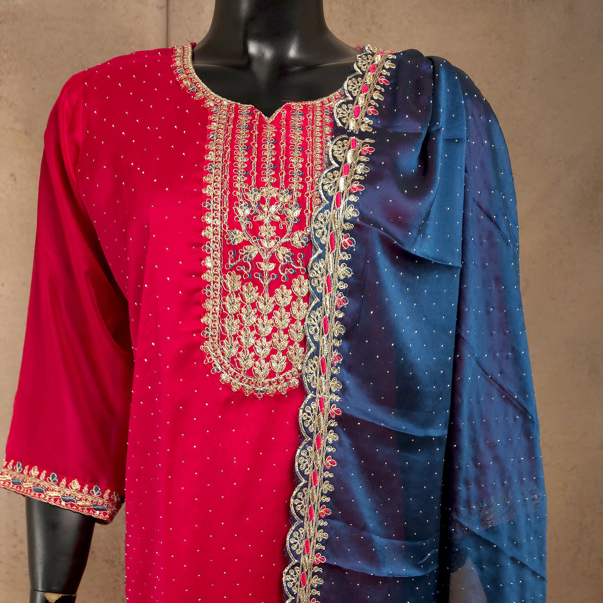 Kurti - 3 Piece Kurti Set - Wine Embroidered Kurti Set