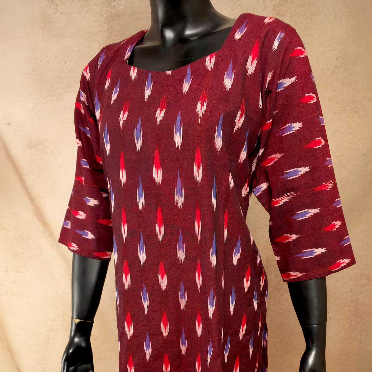 Kurti - Ikkat Kurti Top - Deep Maroon Ikkat