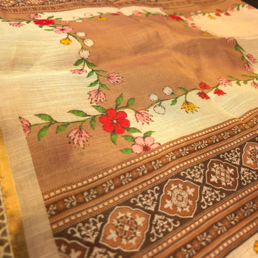 Saree - Linen Tissue - Beige & Peach