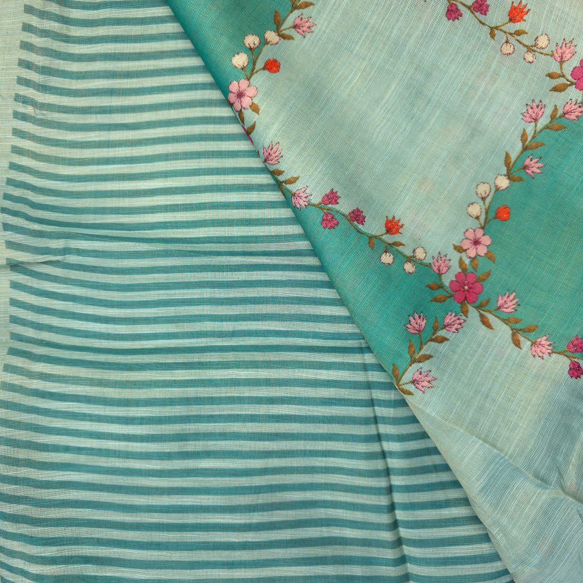 Saree - Linen Tissue - Aqua Blue