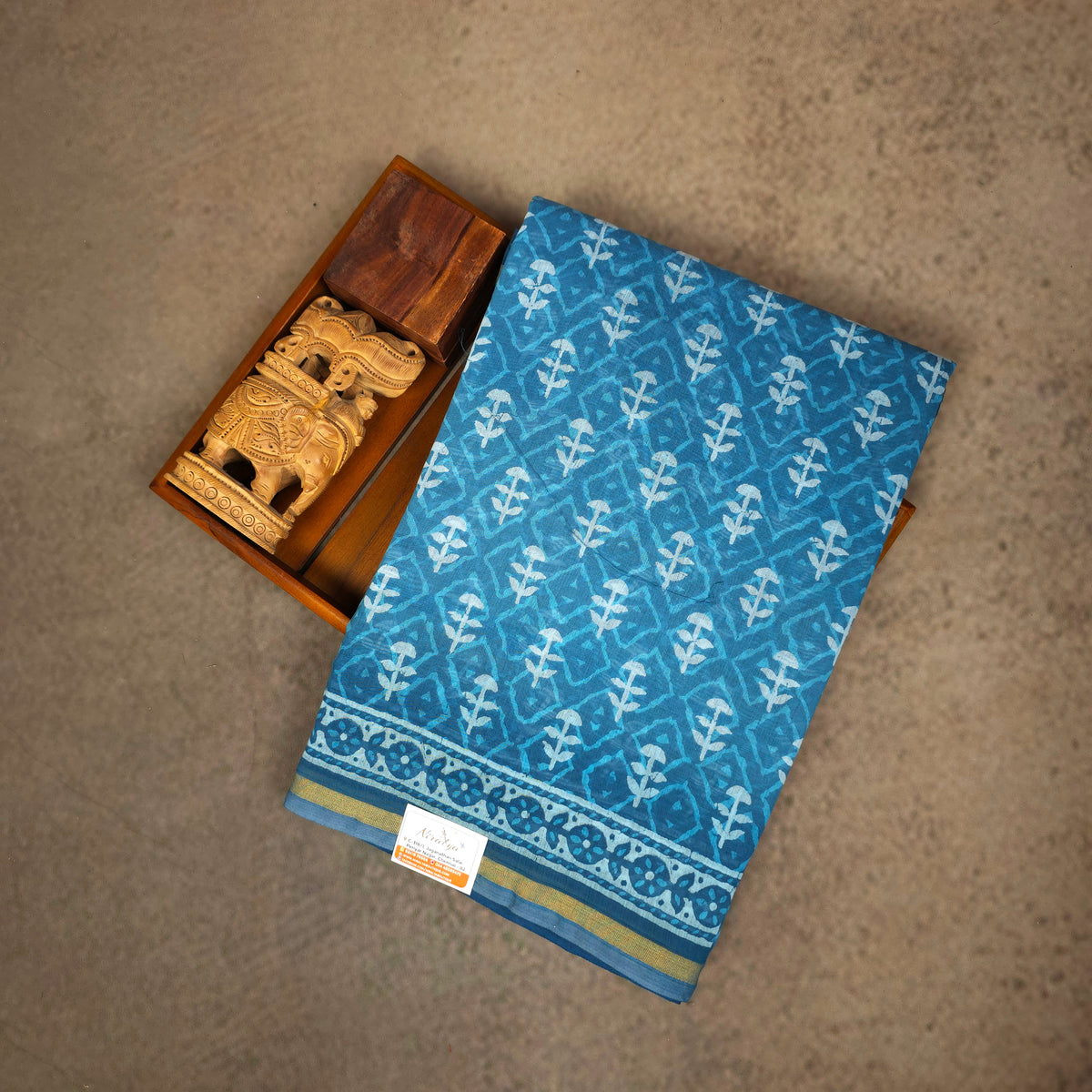 Chanderi Cotton Saree with Jaipur Handblock Prints - Blue