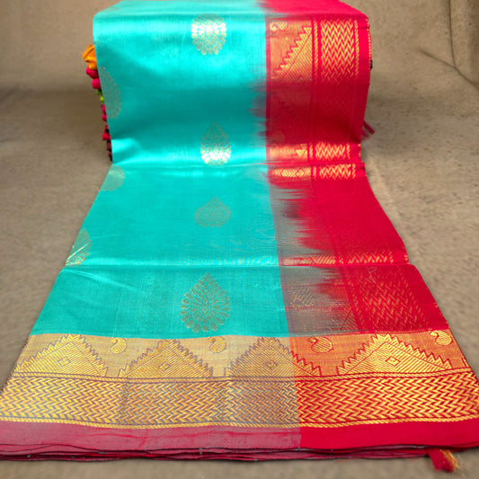 Pure Silk Cotton Saree - Turquoise Blue