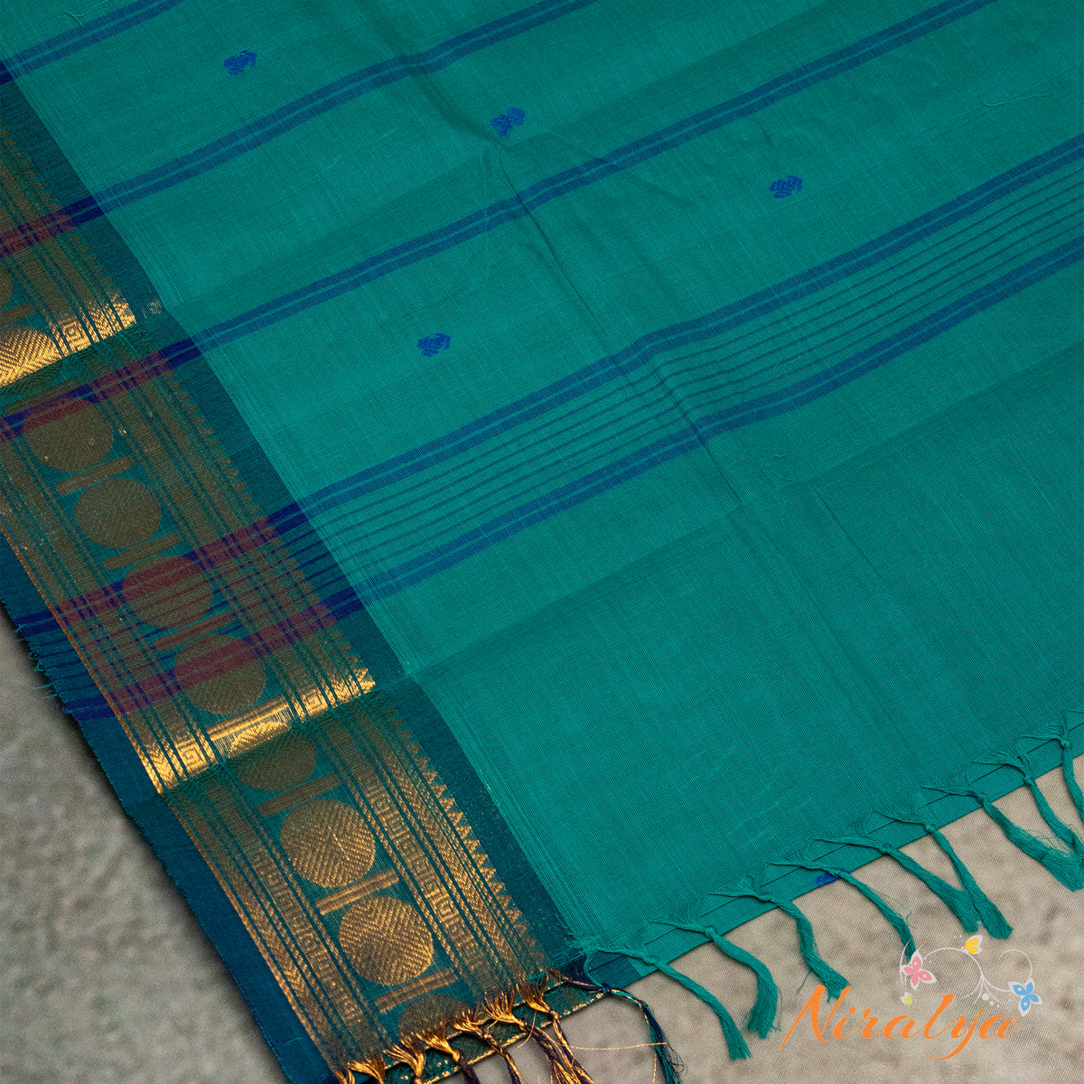Chettinad Cotton Saree - Teal Green with Antique Gold Jari Border