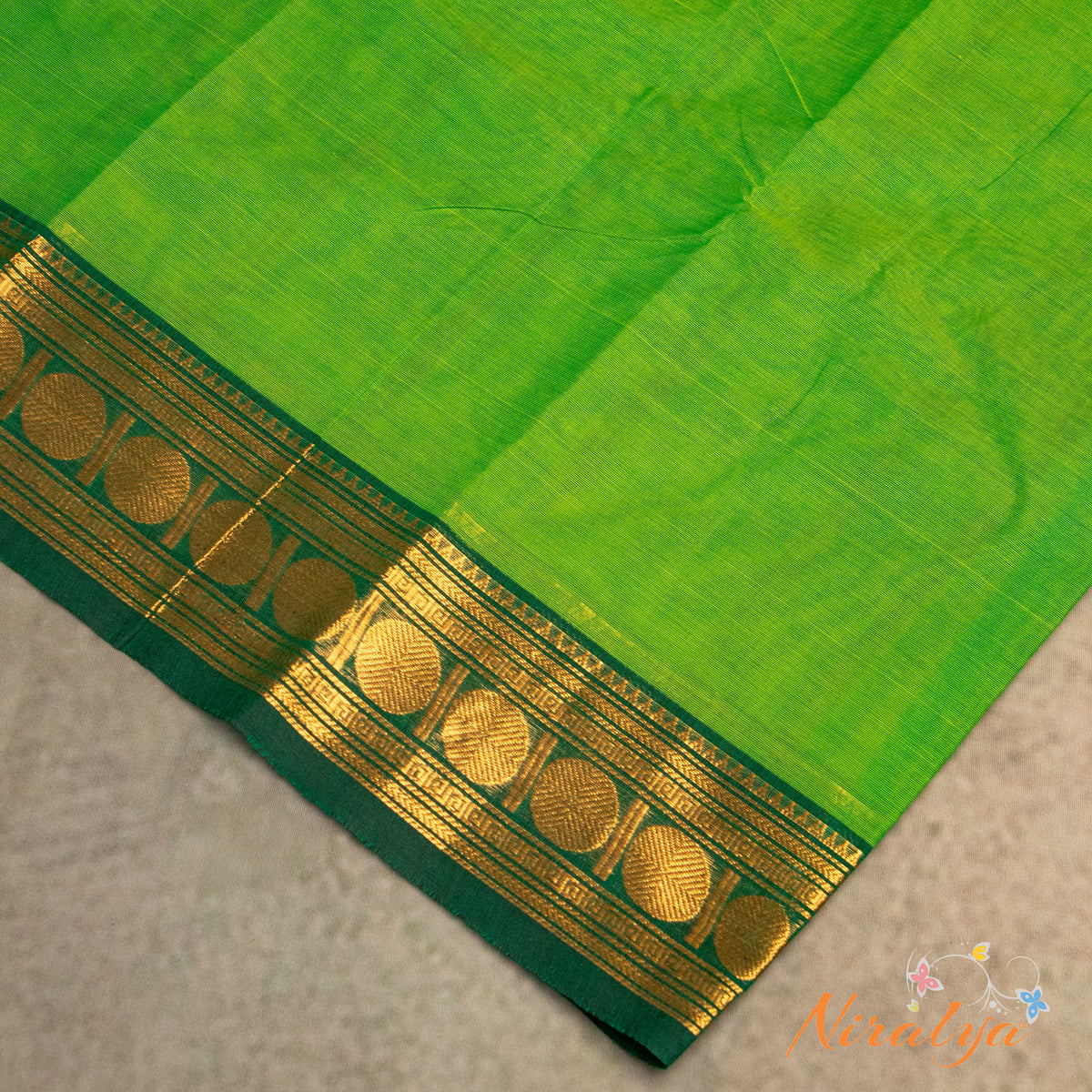 Chettinad Cotton Saree - Parrot Green with Antique Gold Jari Border