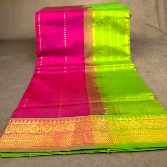 Silk Cotton Saree - Dark Pink with Lime Green
