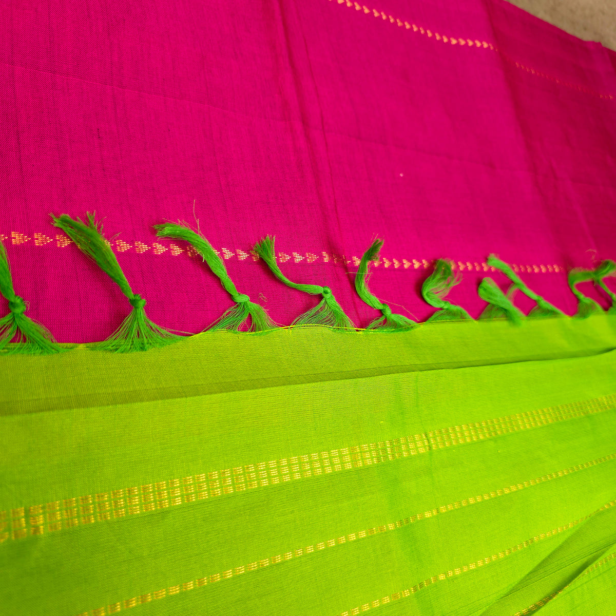 Silk Cotton Saree - Dark Pink with Lime Green