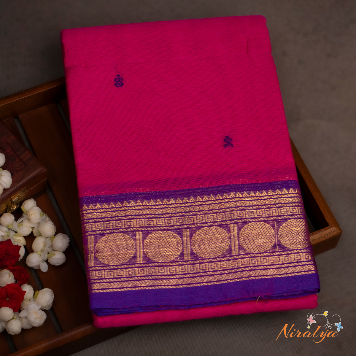 Chettinad Cotton Saree - Rani Pink with a Purple Jari Border