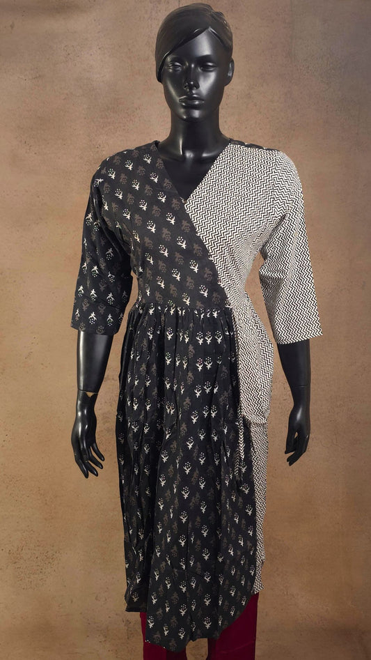 Kurti - Black & White Printed Cotton Kurti