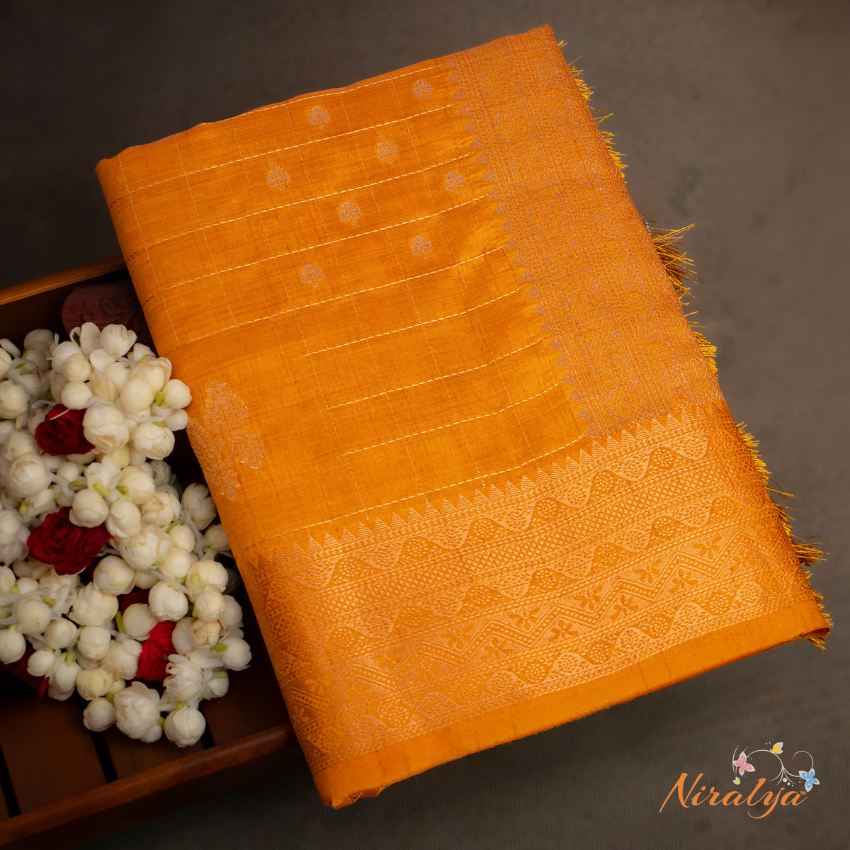 Tussar Silk Saree - Orange with Gold Jari Border