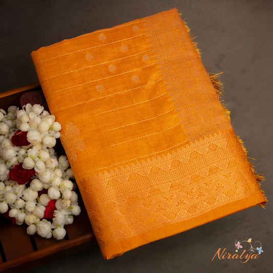 Tussar Silk Saree - Orange with Gold Jari Border