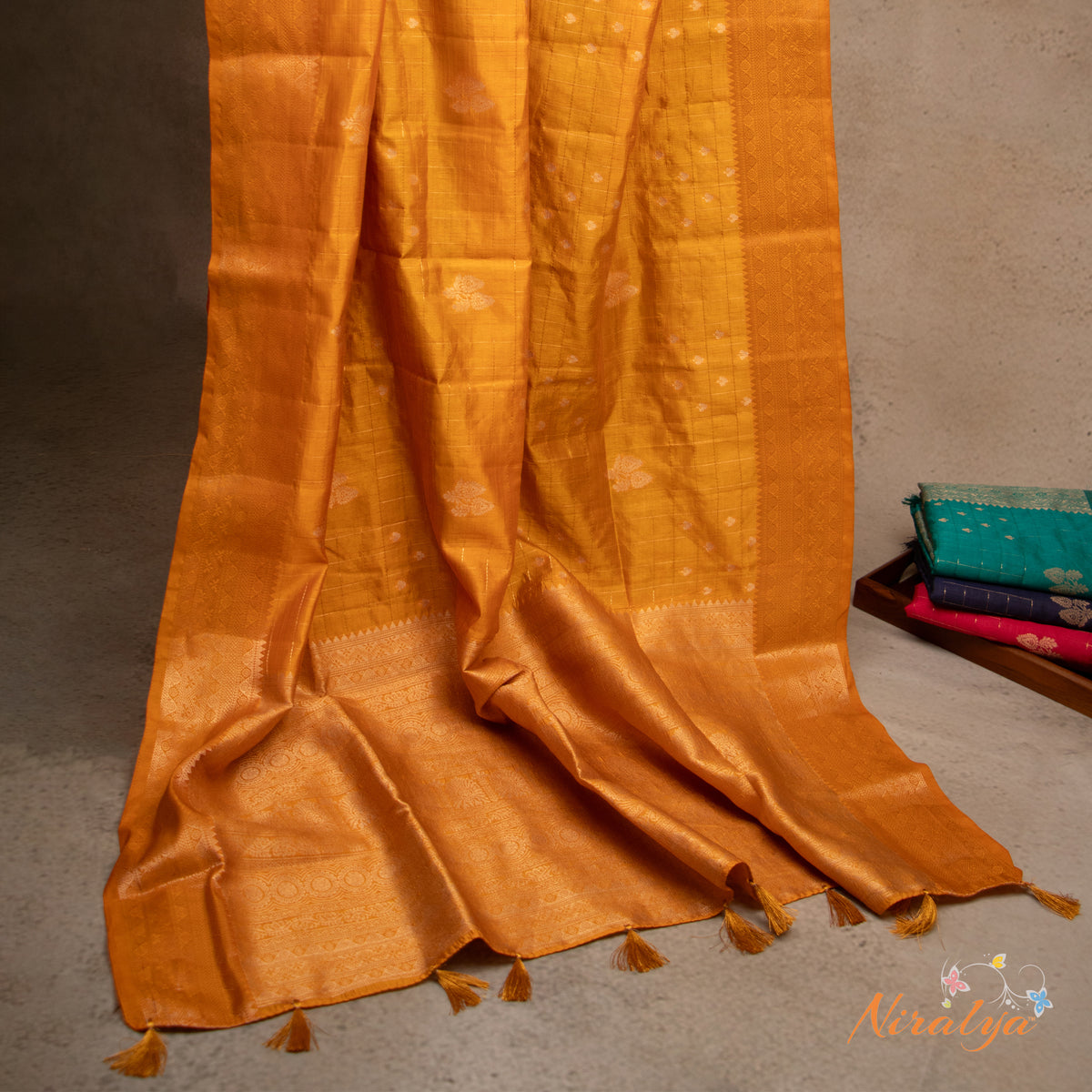 Tussar Silk Saree - Orange with Gold Jari Border