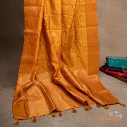 Tussar Silk Saree - Orange with Gold Jari Border