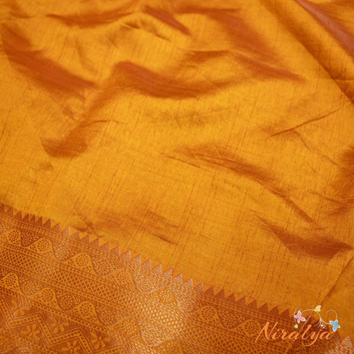 Tussar Silk Saree - Orange with Gold Jari Border
