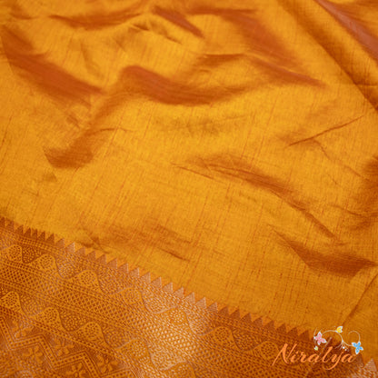 Tussar Silk Saree - Orange with Gold Jari Border