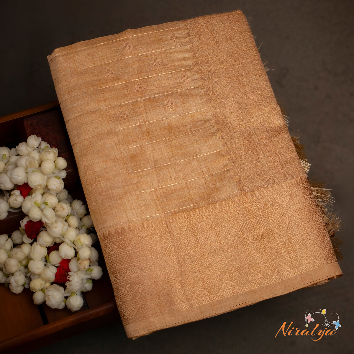 Tussar Silk Saree - Beige with Gold Jari Border