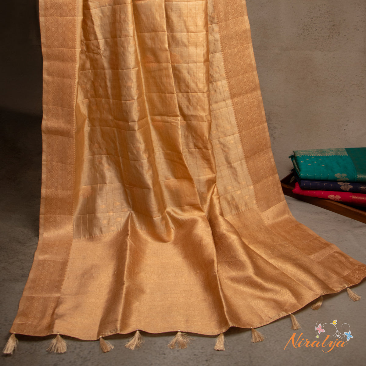 Tussar Silk Saree - Beige with Gold Jari Border