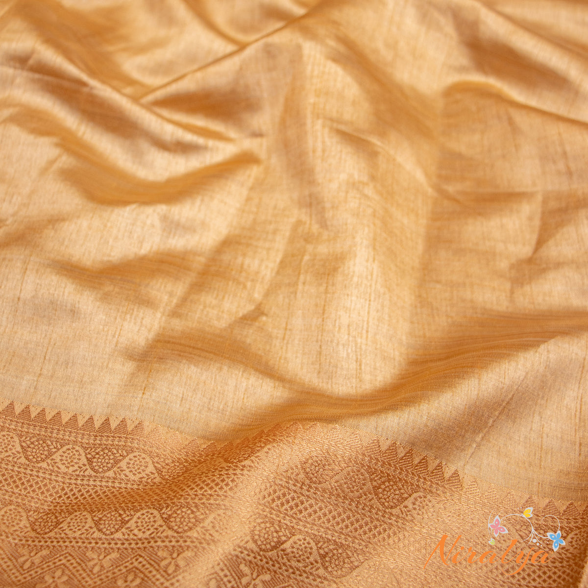 Tussar Silk Saree - Beige with Gold Jari Border