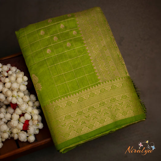 Tussar Silk Saree - Parrot Green with Gold Jari Border