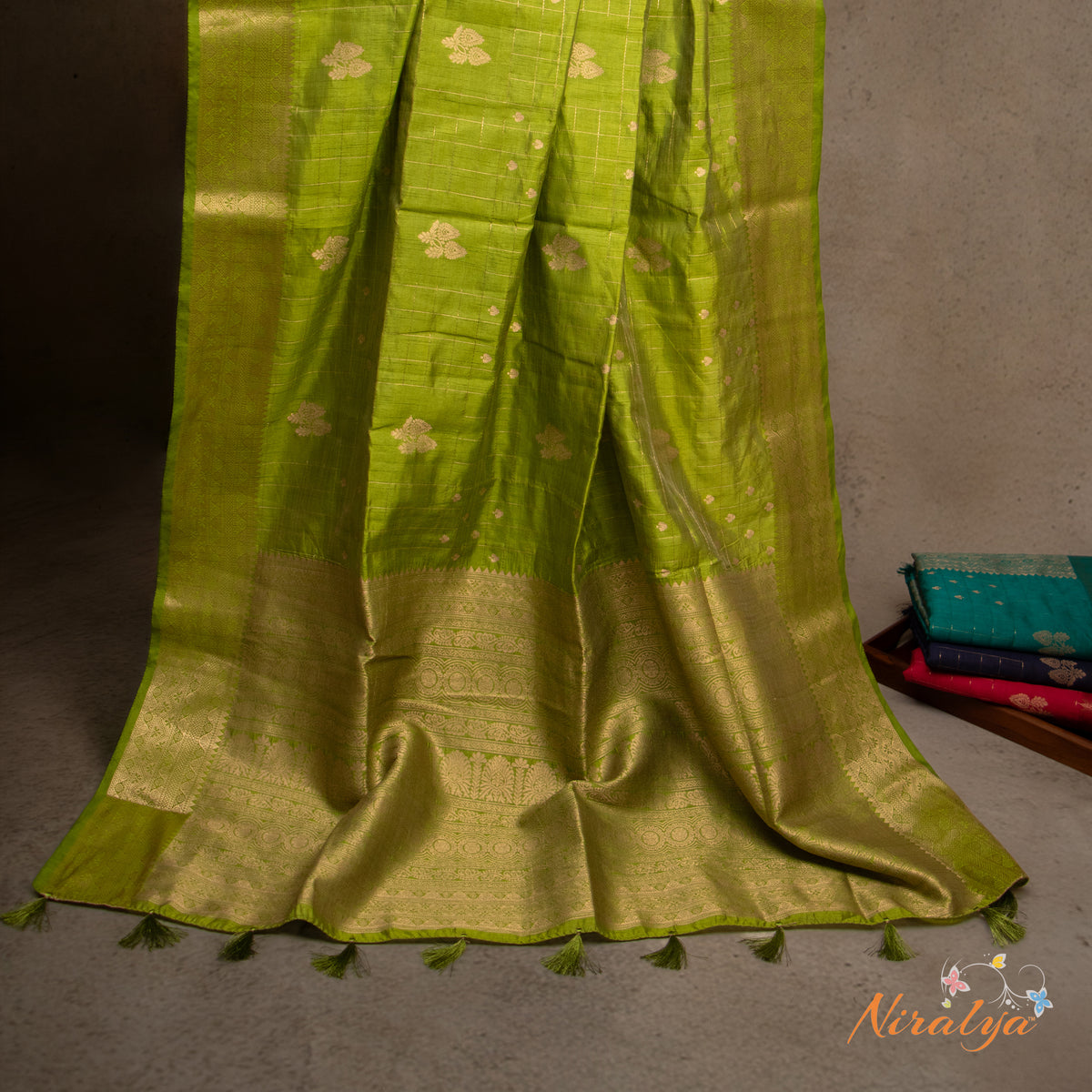 Tussar Silk Saree - Parrot Green with Gold Jari Border