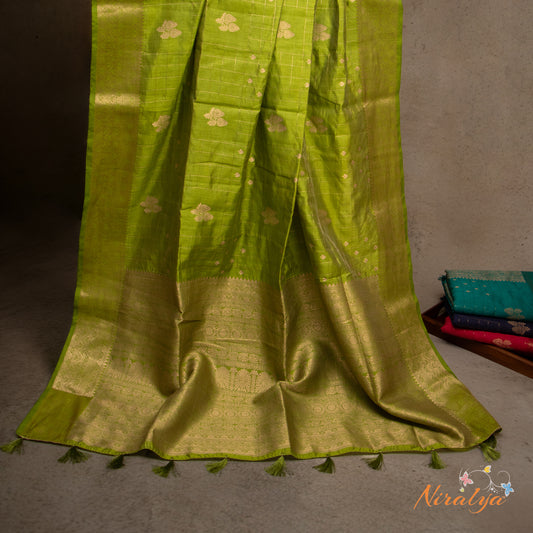 Tussar Silk Saree - Parrot Green with Gold Jari Border
