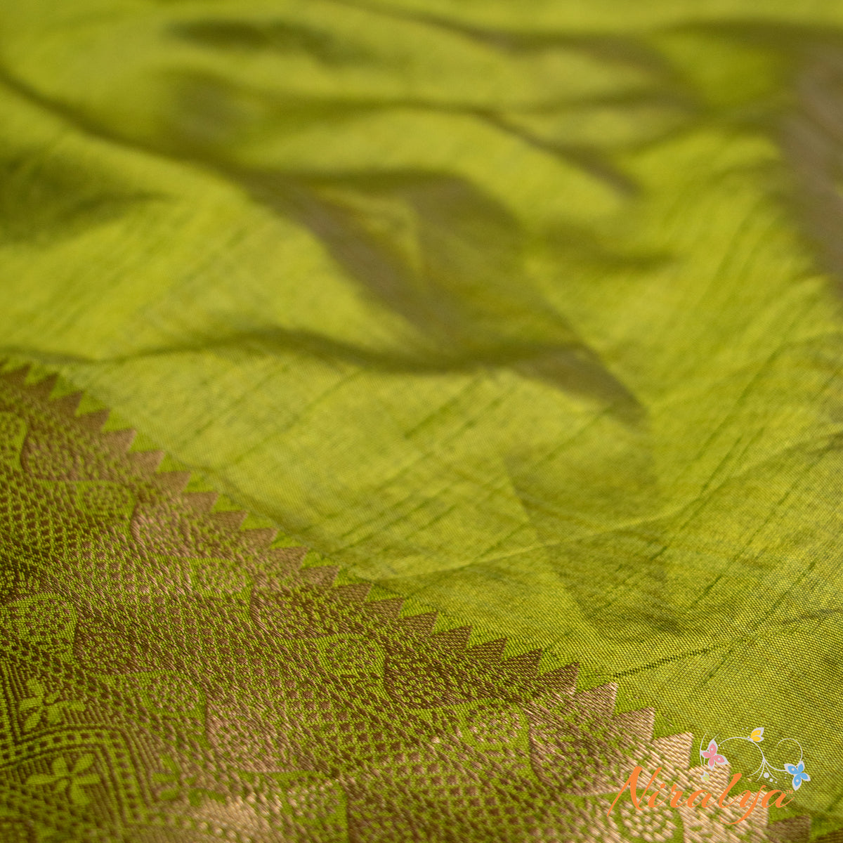 Tussar Silk Saree - Parrot Green with Gold Jari Border