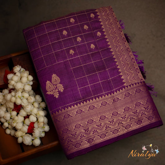 Tussar Silk Saree - Deep Purple with Gold Jari Border
