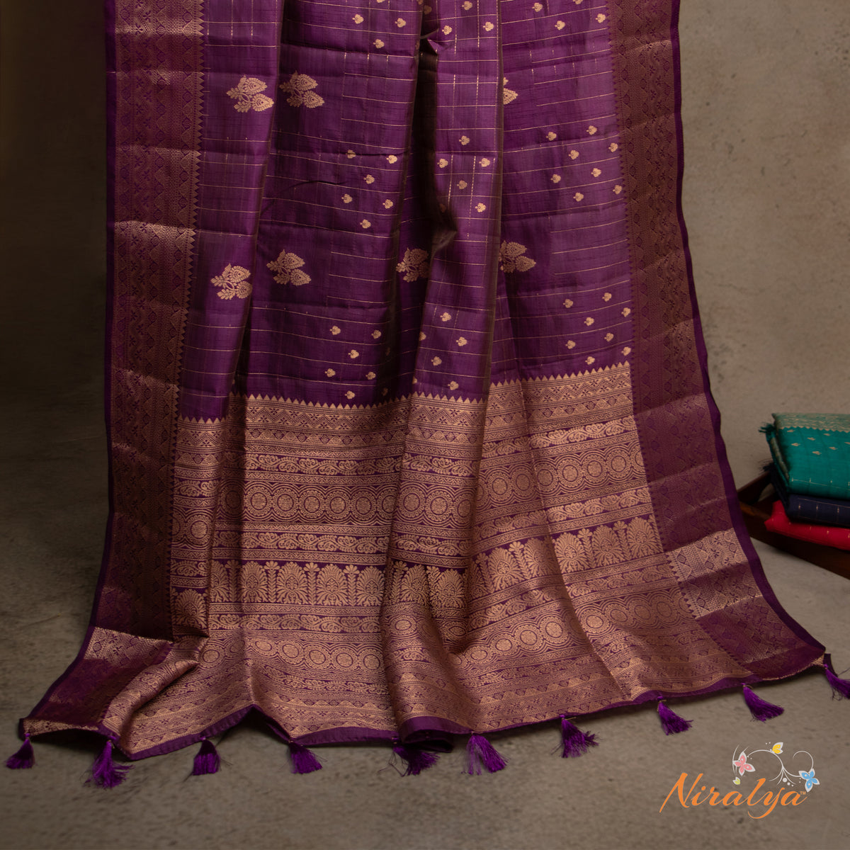 Tussar Silk Saree - Deep Purple with Gold Jari Border