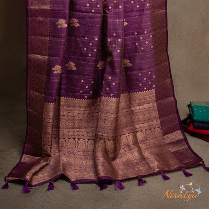 Tussar Silk Saree - Deep Purple with Gold Jari Border