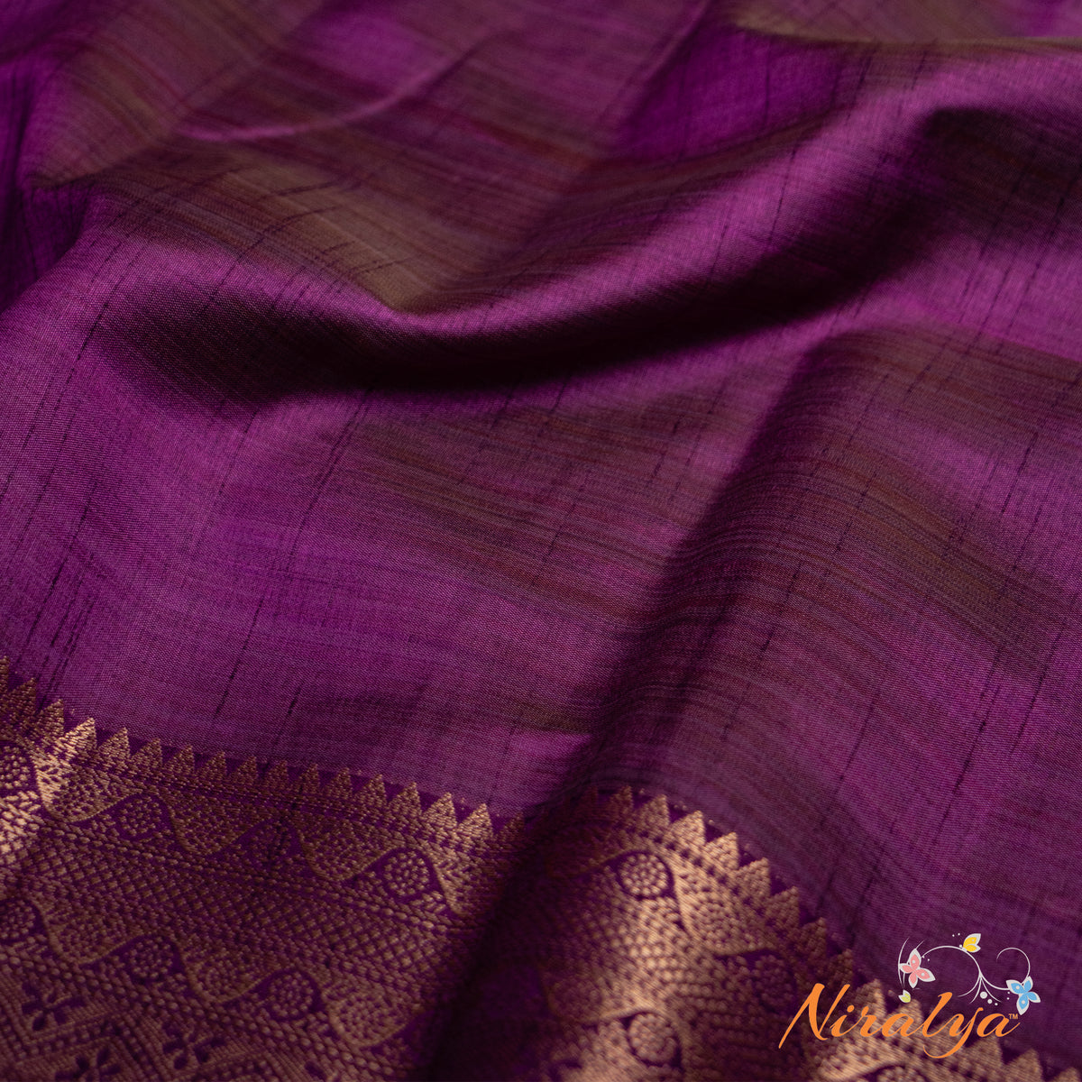 Tussar Silk Saree - Deep Purple with Gold Jari Border