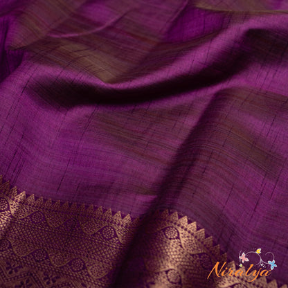 Tussar Silk Saree - Deep Purple with Gold Jari Border