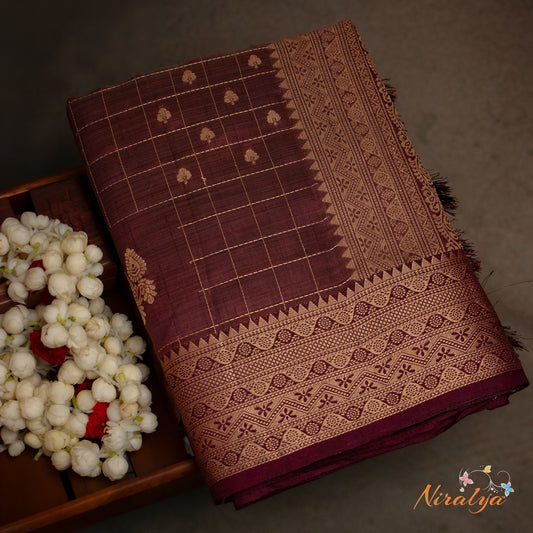 Tussar Silk Saree - Maroon with Gold Jari Border