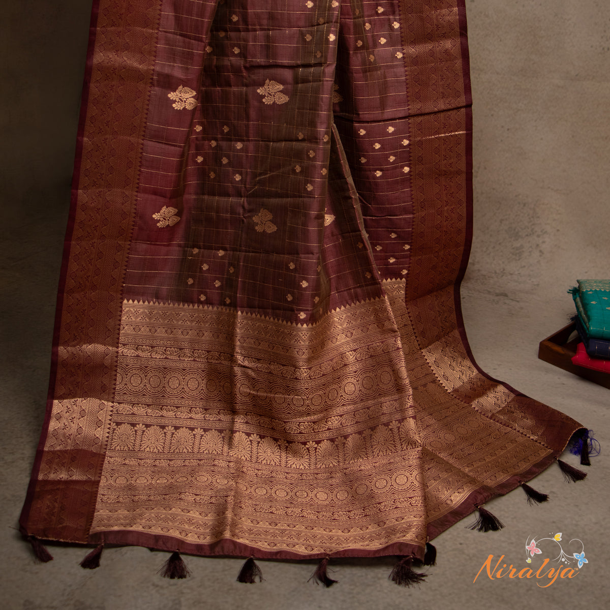 Tussar Silk Saree - Maroon with Gold Jari Border