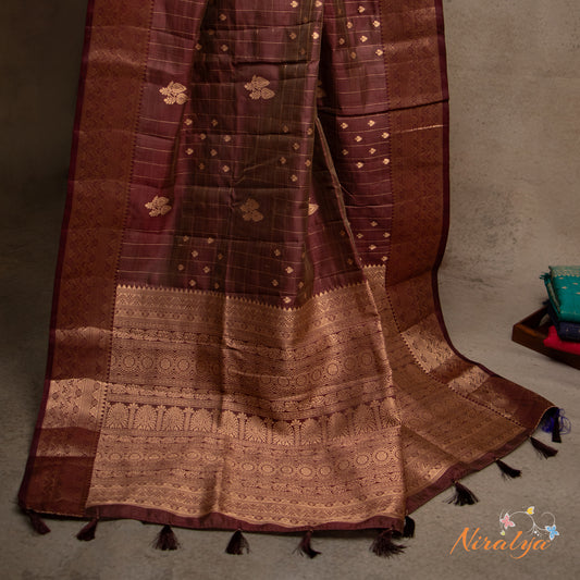 Tussar Silk Saree - Maroon with Gold Jari Border
