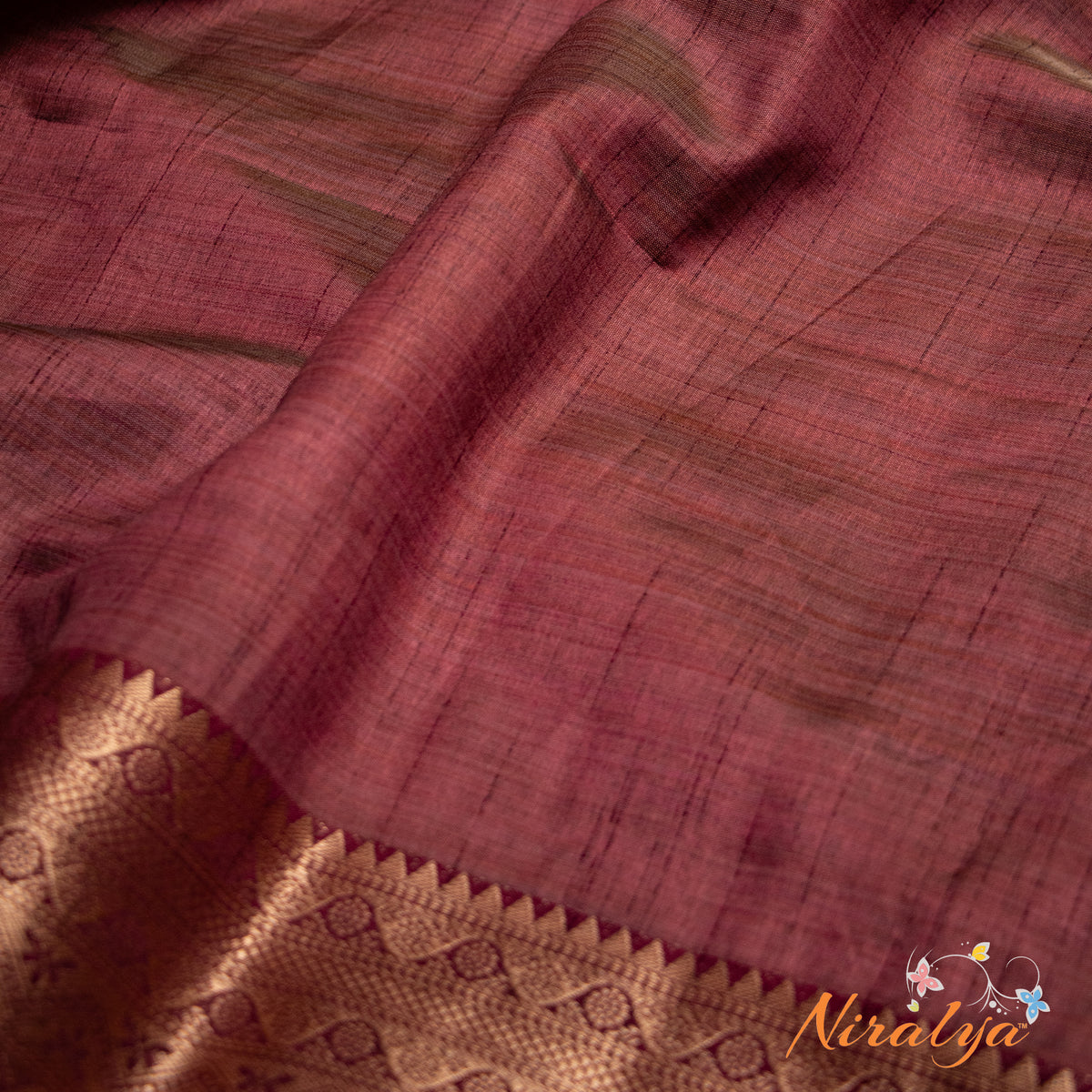 Tussar Silk Saree - Maroon with Gold Jari Border