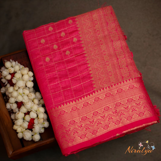 Tussar Silk Saree - Rani Pink with Gold Jari Border