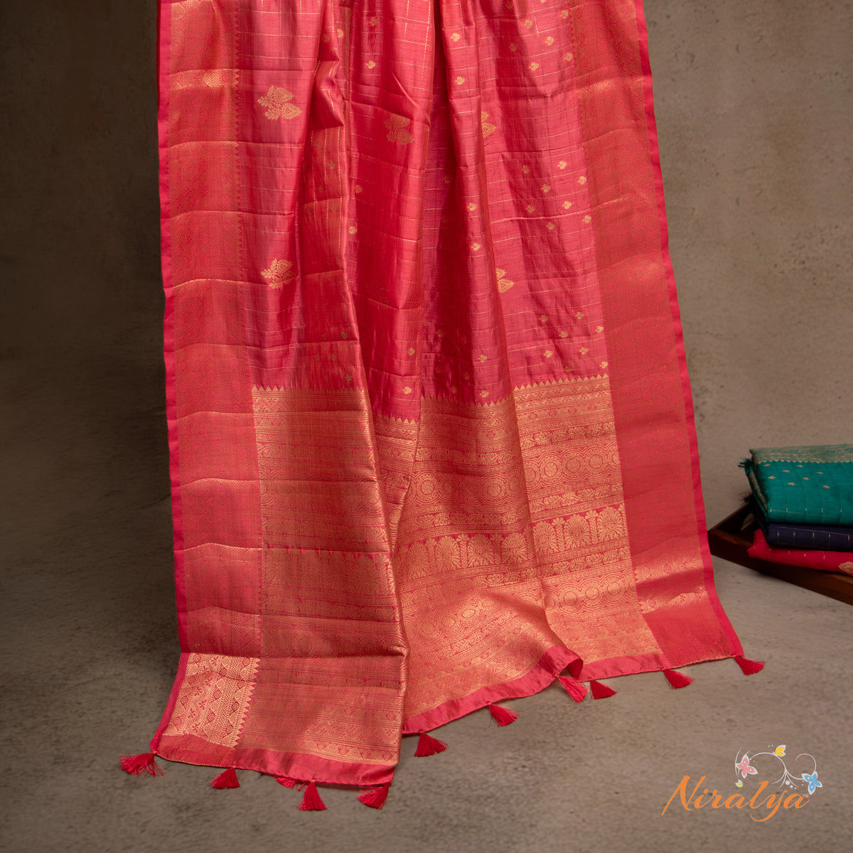 Tussar Silk Saree - Rani Pink with Gold Jari Border