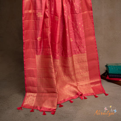 Tussar Silk Saree - Rani Pink with Gold Jari Border
