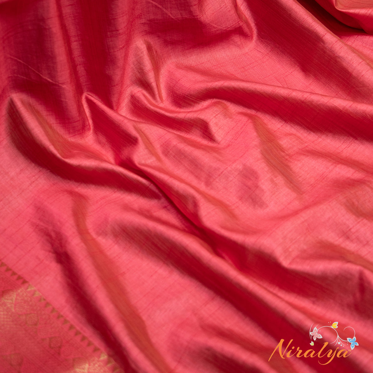 Tussar Silk Saree - Rani Pink with Gold Jari Border