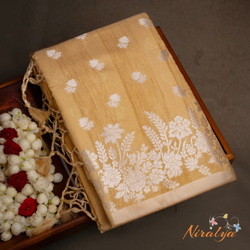 Silk-type Saree - Golden Beige with Silver Jari Border