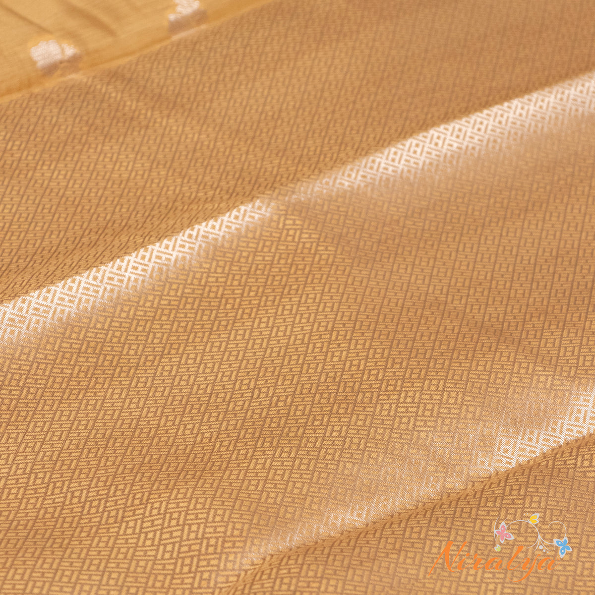 Silk-type Saree - Golden Beige with Silver Jari Border