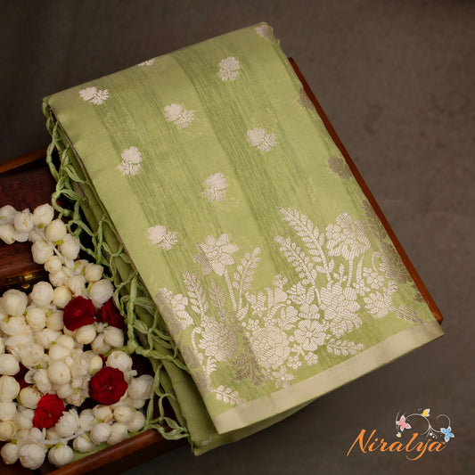 Silk-type Saree - Pistachio Green with Silver Jari Border