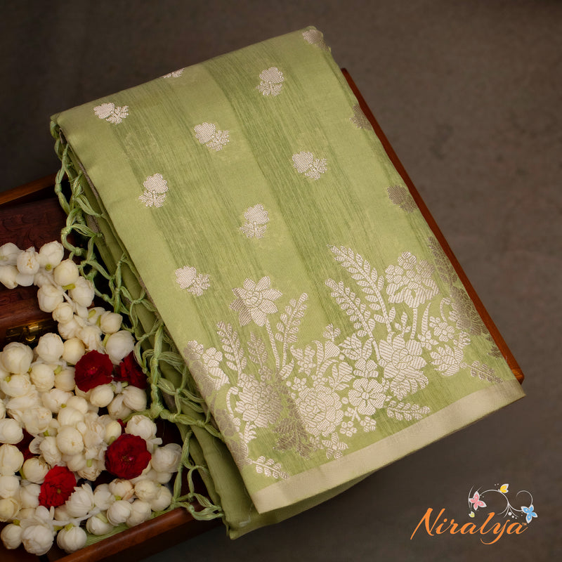 Silk-type Saree - Pistachio Green with Silver Jari Border