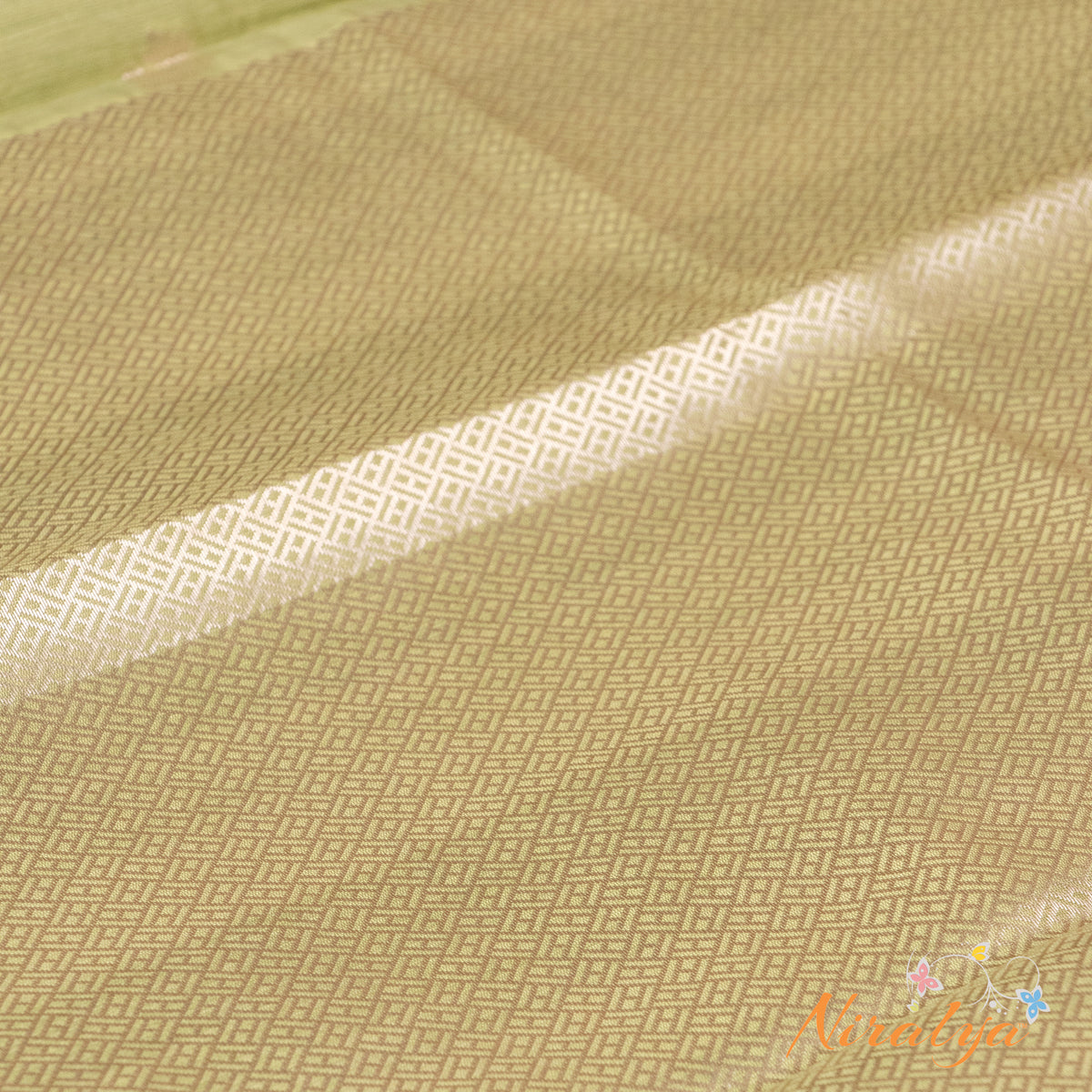 Silk-type Saree - Pistachio Green with Silver Jari Border