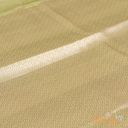 Silk-type Saree - Pistachio Green with Silver Jari Border