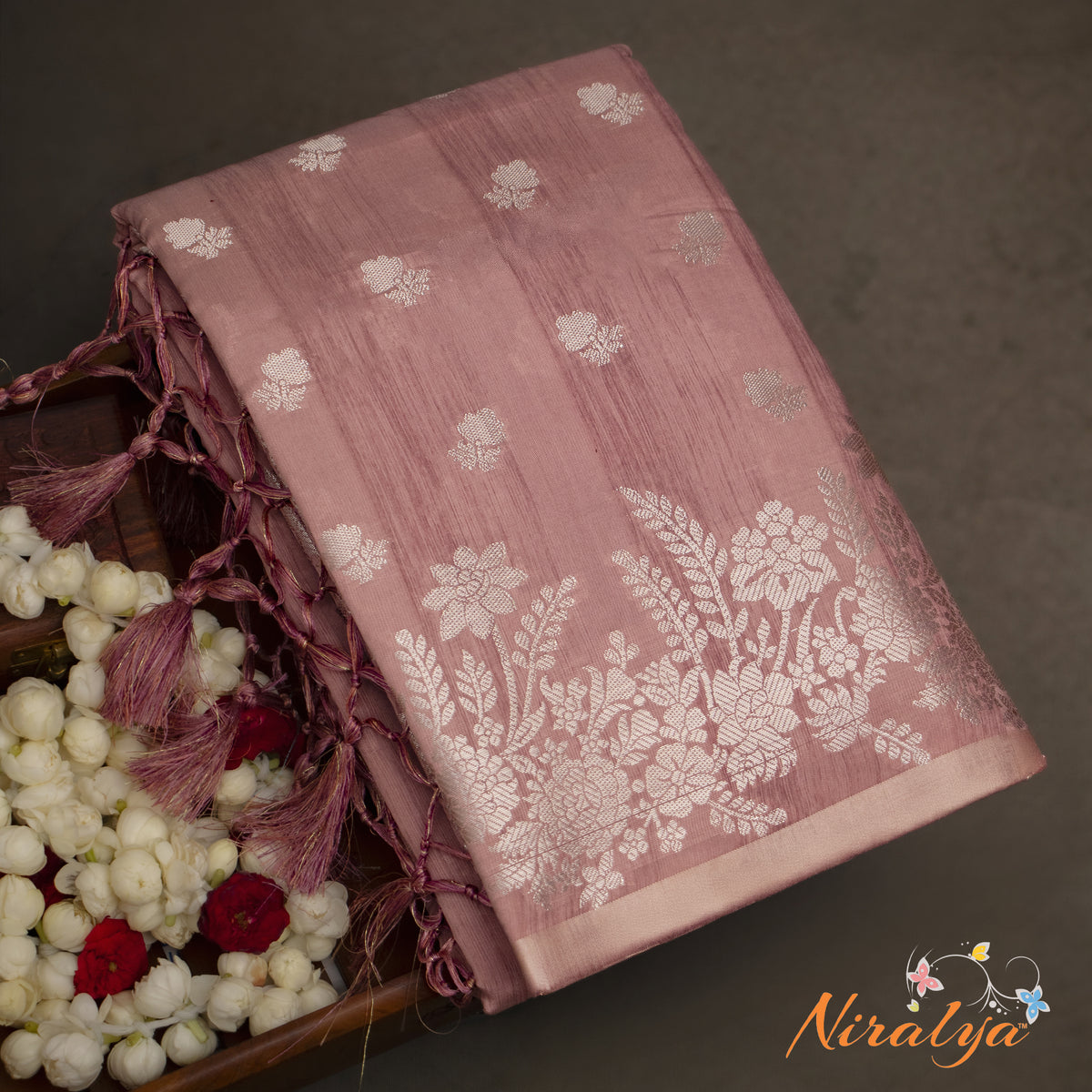 Silk-type Saree - Dusty Rose with Silver Jari Border