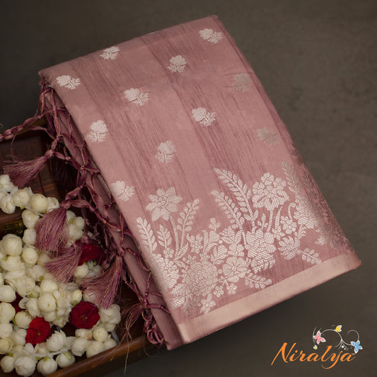 Silk-type Saree - Dusty Rose with Silver Jari Border