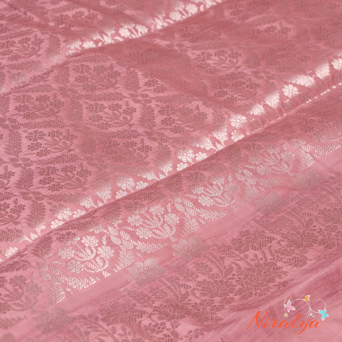 Silk-type Saree - Dusty Rose with Silver Jari Border