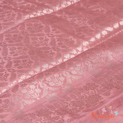 Silk-type Saree - Dusty Rose with Silver Jari Border