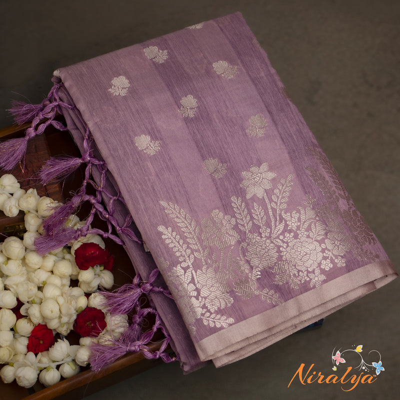 Silk-type Saree - Lavender with Silver Jari Border