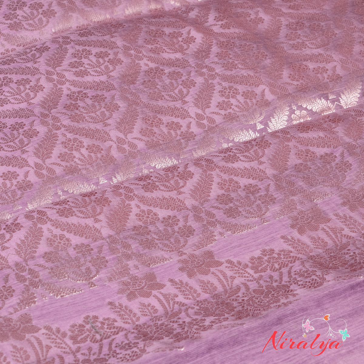 Silk-type Saree - Lavender with Silver Jari Border